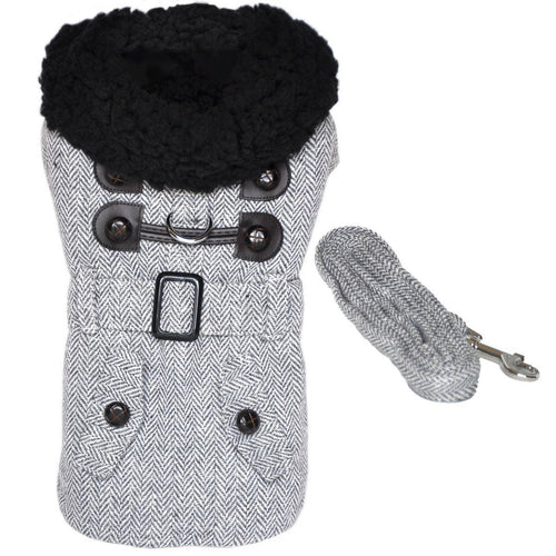 Grey Herringbone Designer Harness Coat and Leash