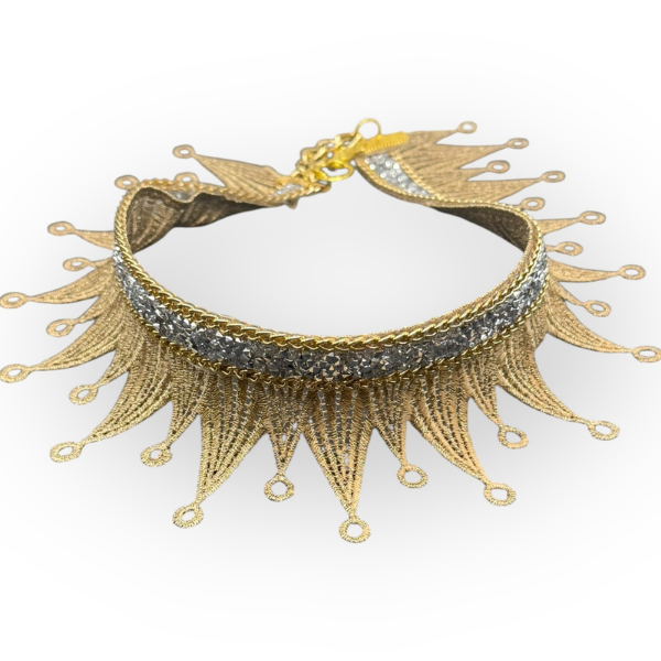 Gold necklace with fringe design on a white background