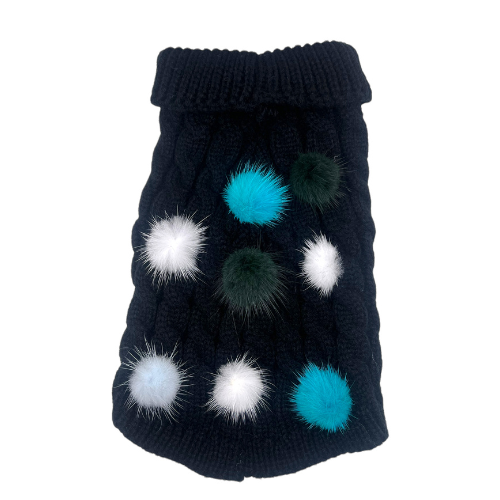 Mink Pom Knit Sweater: Black / Small