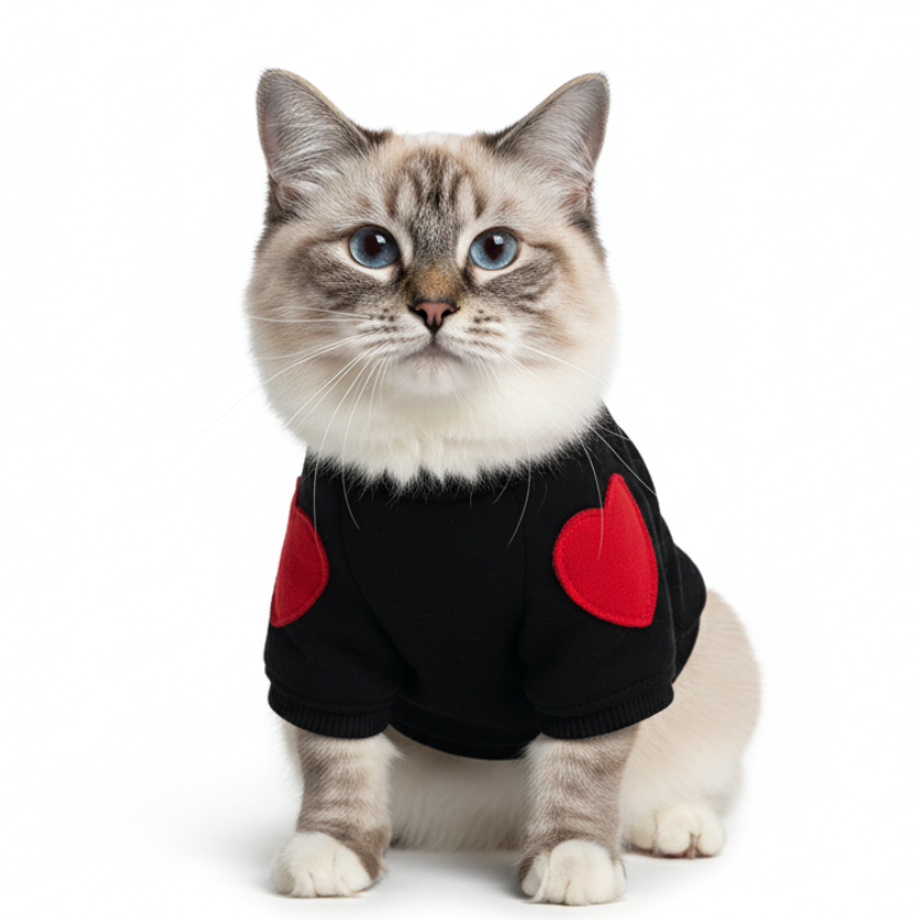 Cat wearing a black outfit with red hearts on a white background