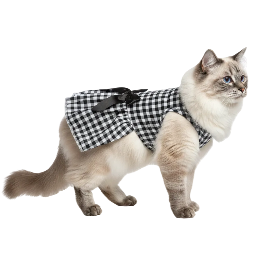 Black and white checkered cat dress with a large black bow on a white background