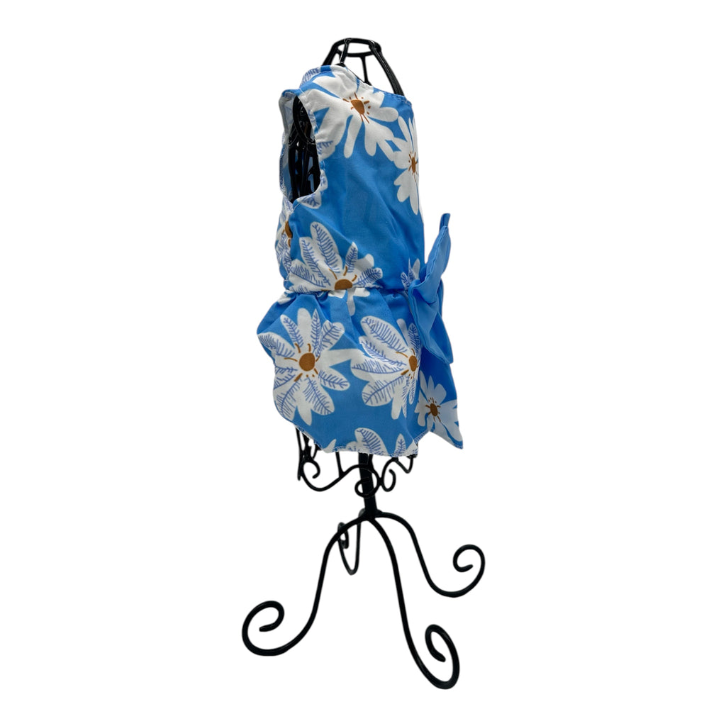 Blue floral cat dress on a black mannequin stand against a white background