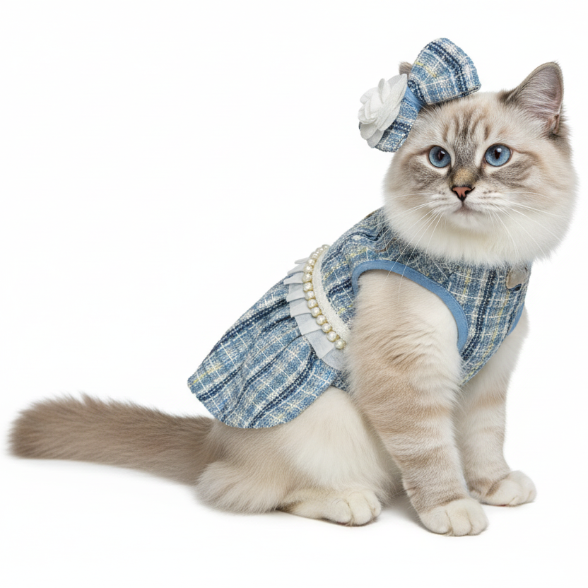 Cat wearing a plaid outfit with a bow on a white background