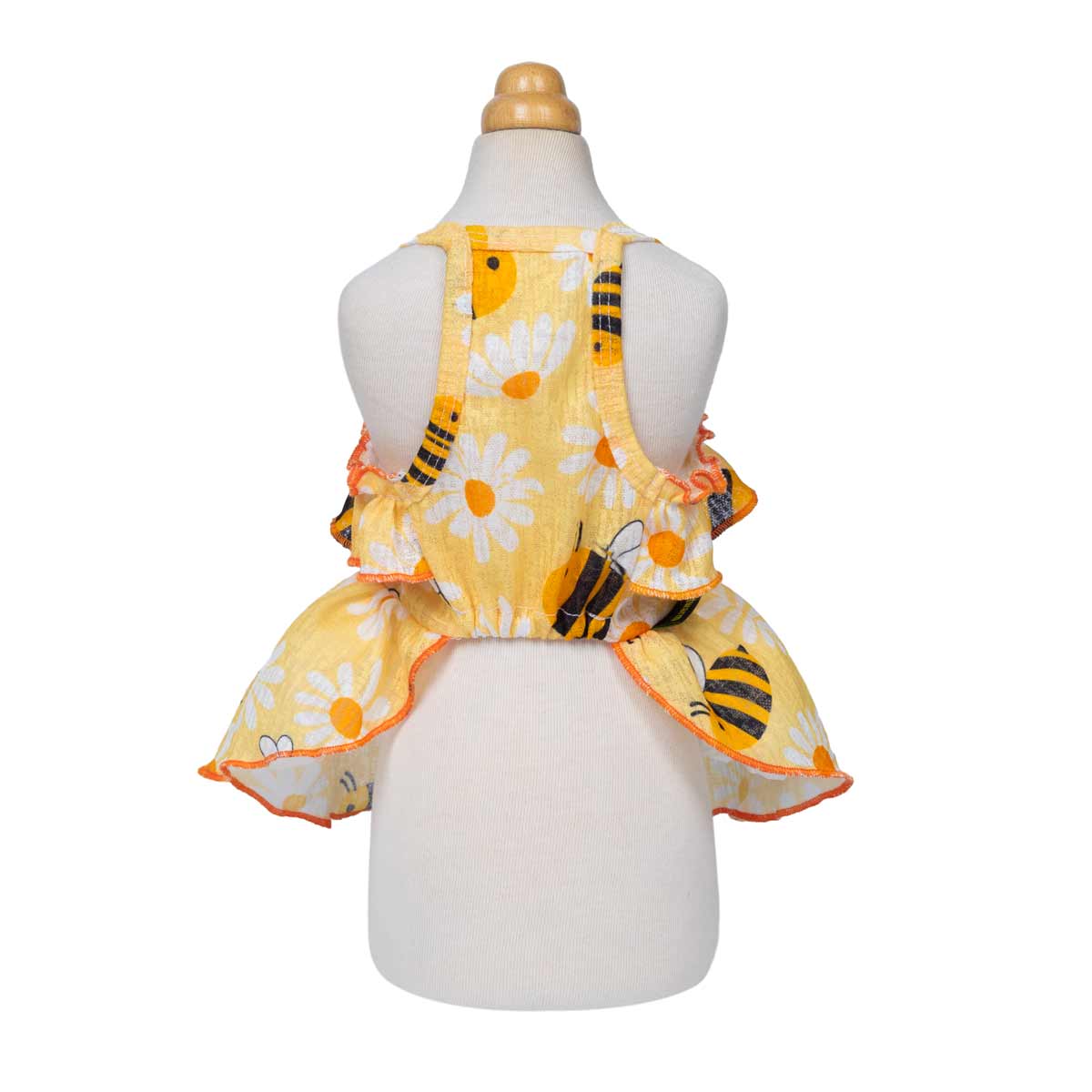 cat outfit with bee and flower pattern on a mannequin against a white background