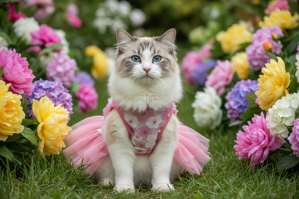 Cat in a pink dress sitting among colorful flowers