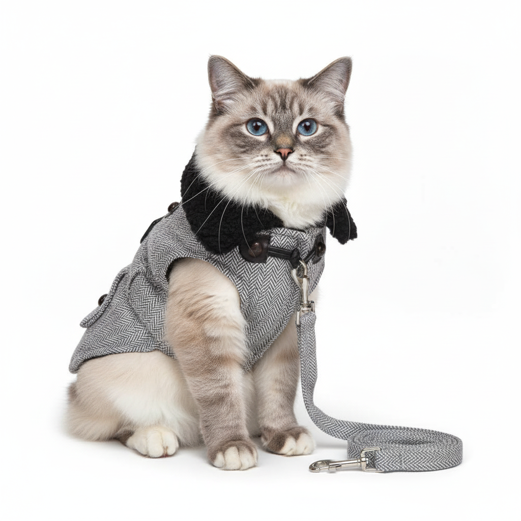 Cat wearing a gray coat with a leash on a white background