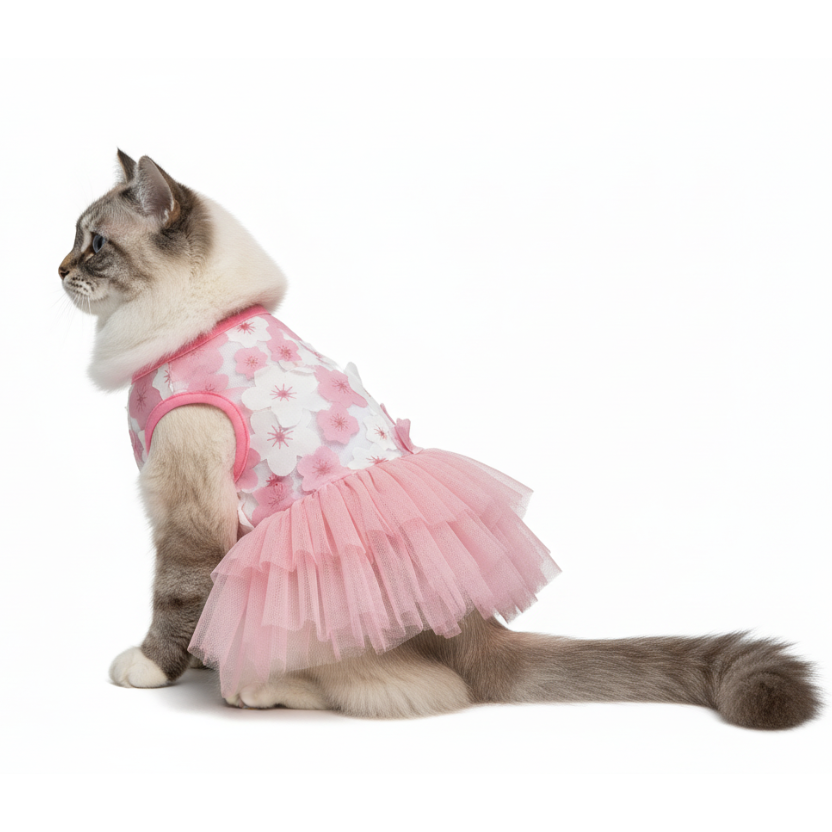 Cat wearing a pink floral dress with a tutu on a white background