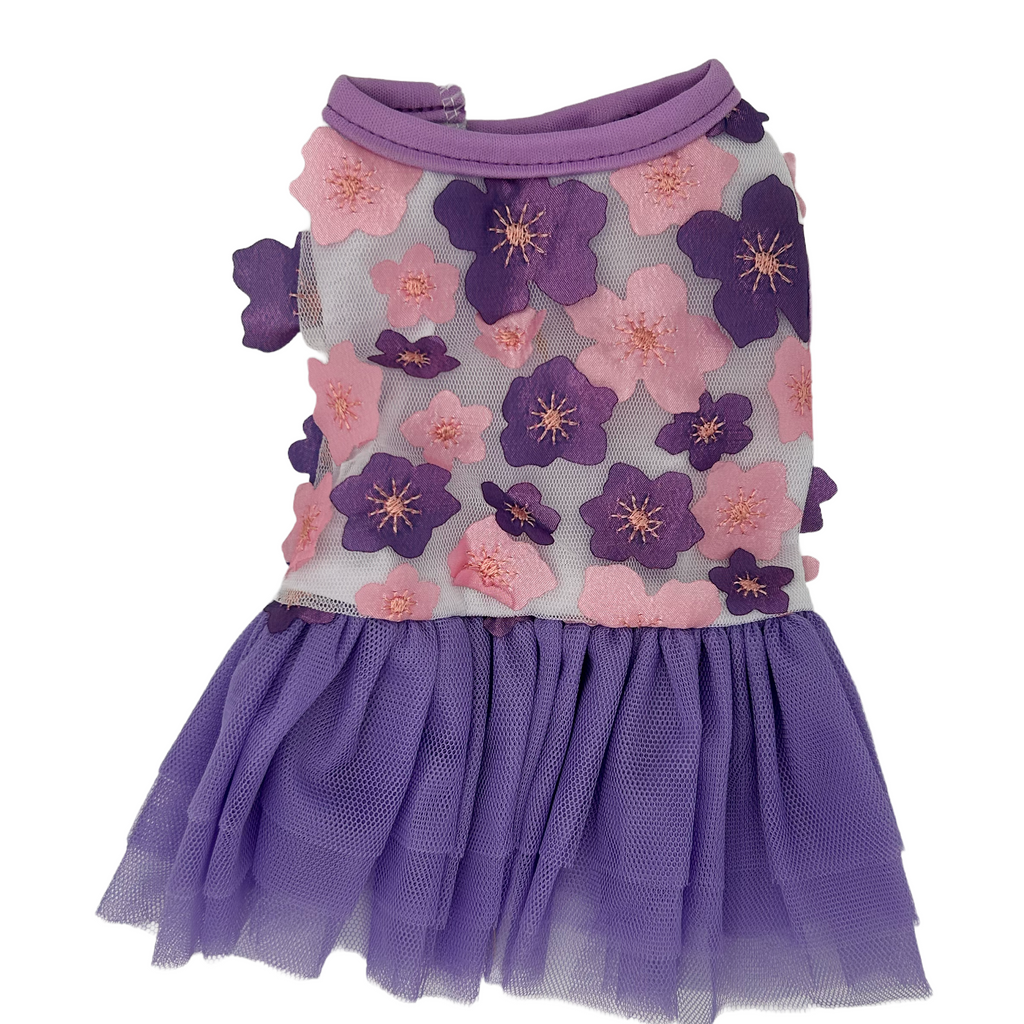 cat dress with floral pattern and purple tulle skirt on a white background