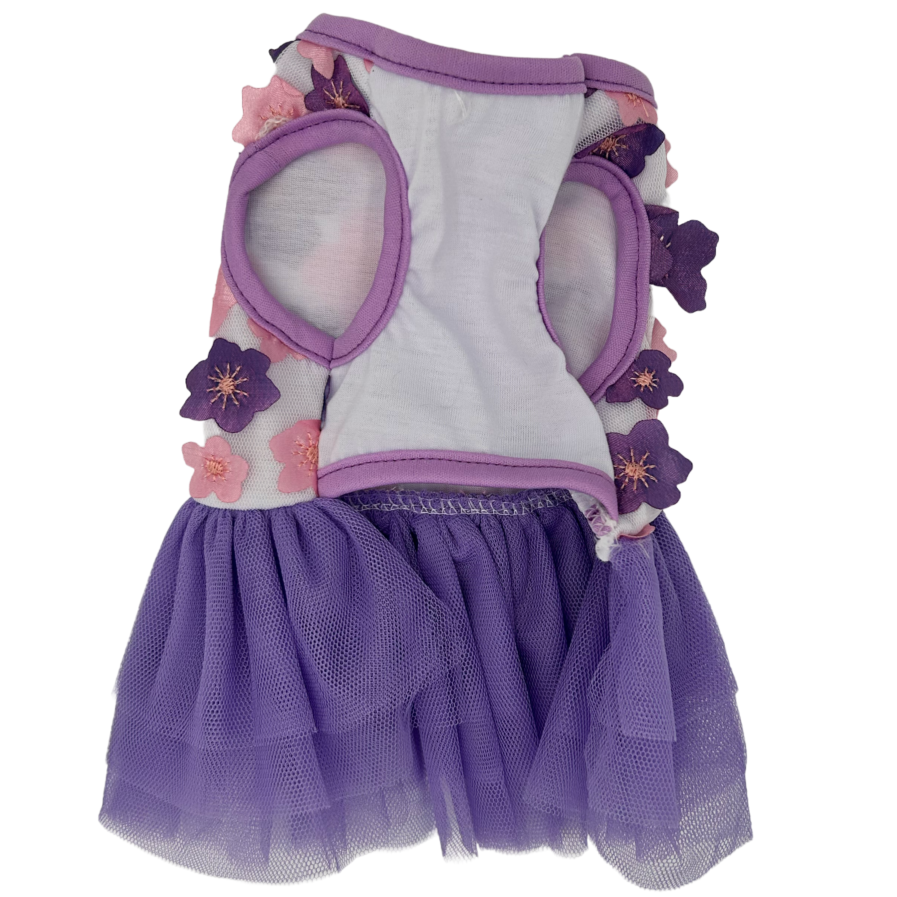 Pet dress with purple skirt and floral design on a white background