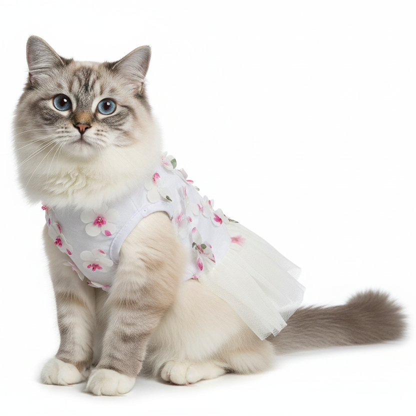 Cat wearing a floral dress on a white background