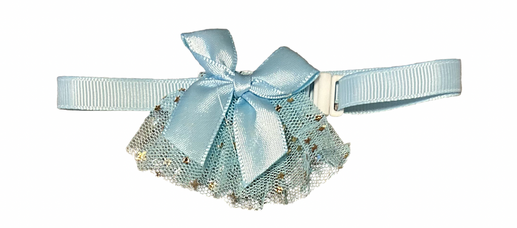 Light blue cat accessory with bow and mesh skirt on a white background