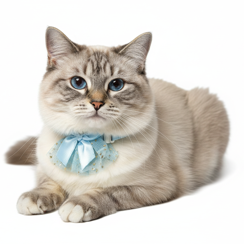 Cat wearing a light blue cat bow tie on a white background