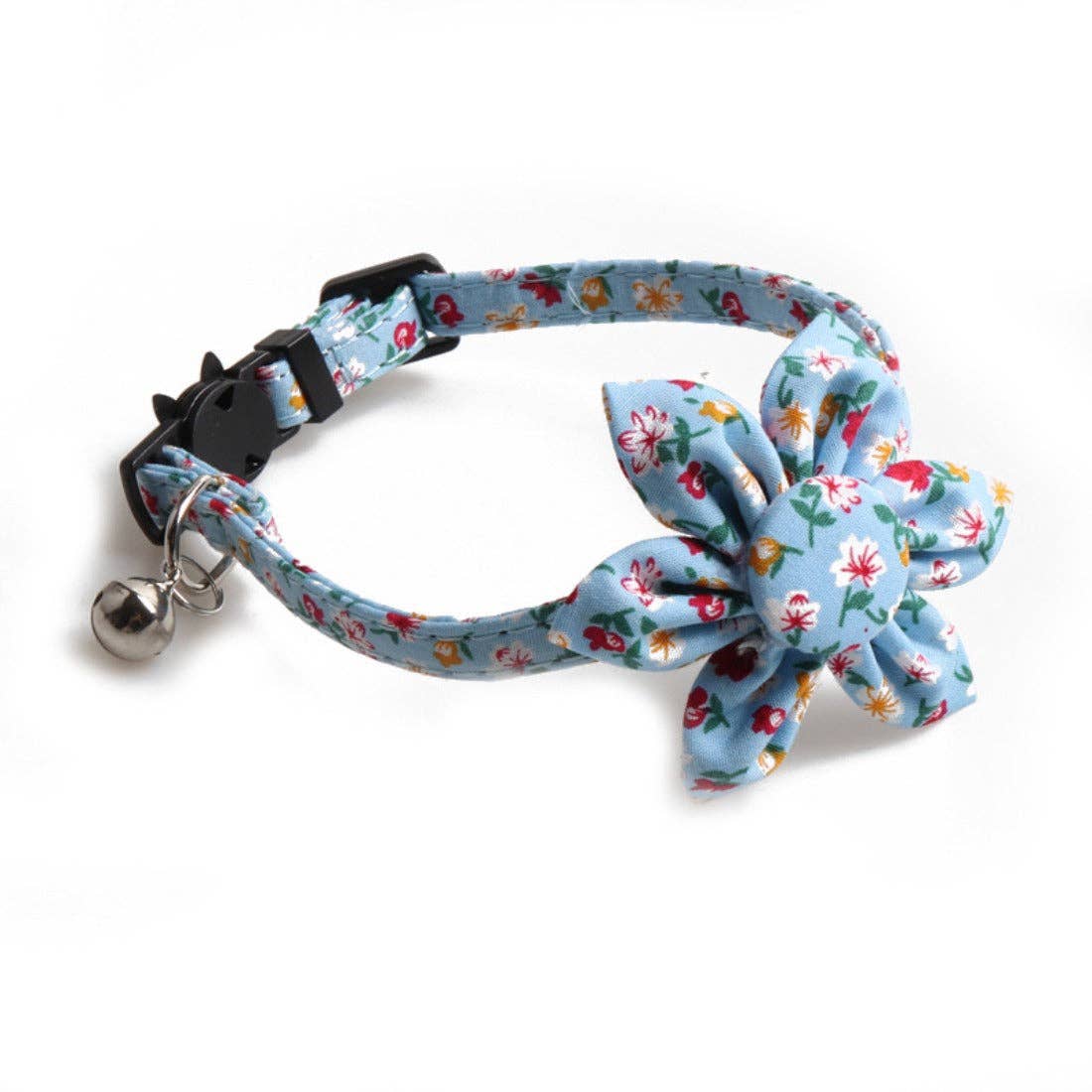 Floral patterned cat collar with a bow and bell on a white background