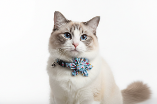 Cat wearing a decorative collar with flowers on a white background