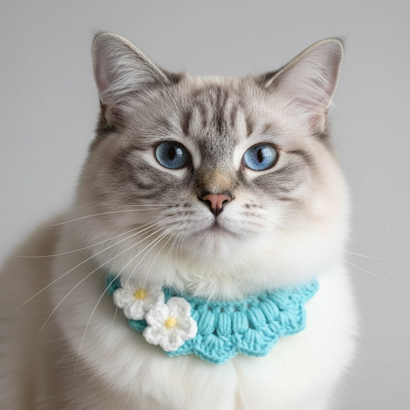 Cat wearing a blue knitted collar with white flowers on a plain background