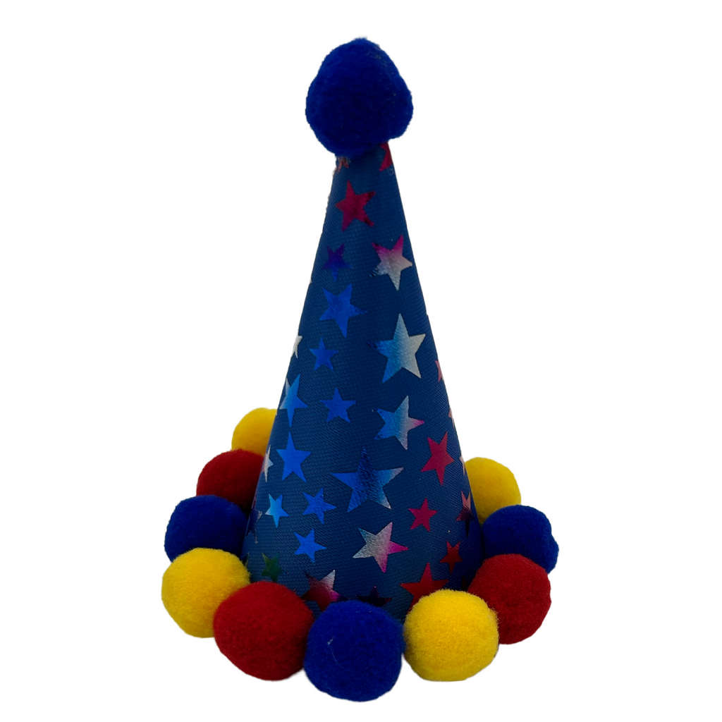Blue party hat with star pattern and colorful pom-poms on a white background