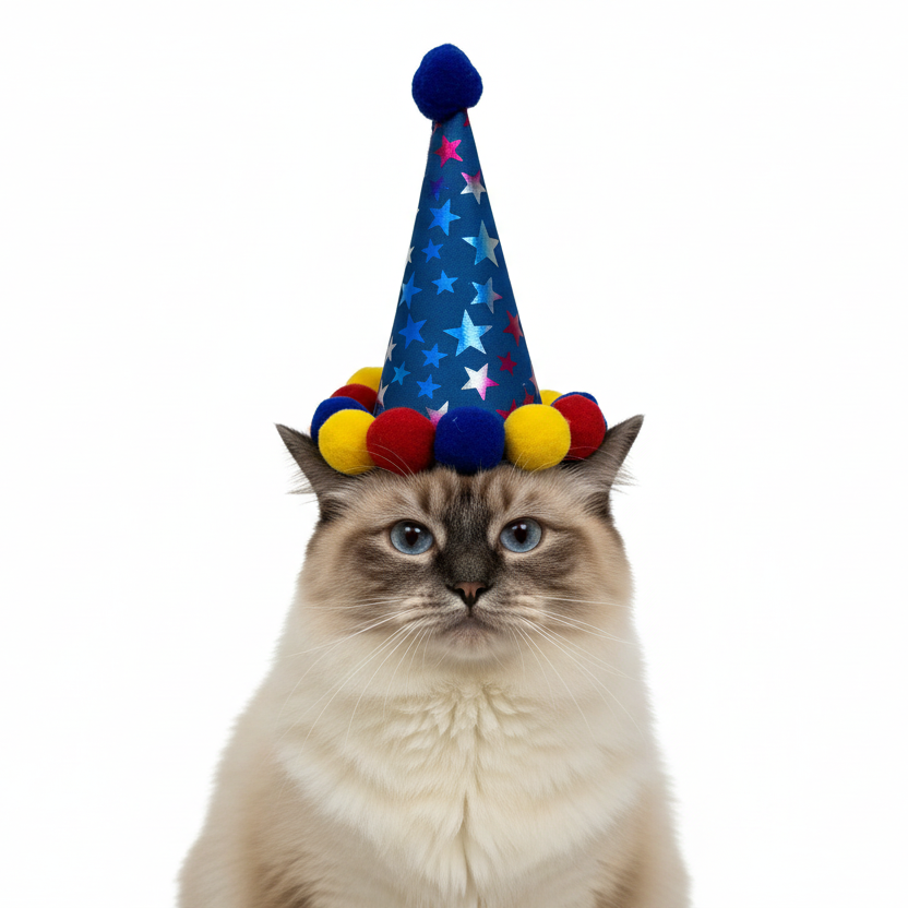 Cat wearing a colorful party hat on a white background