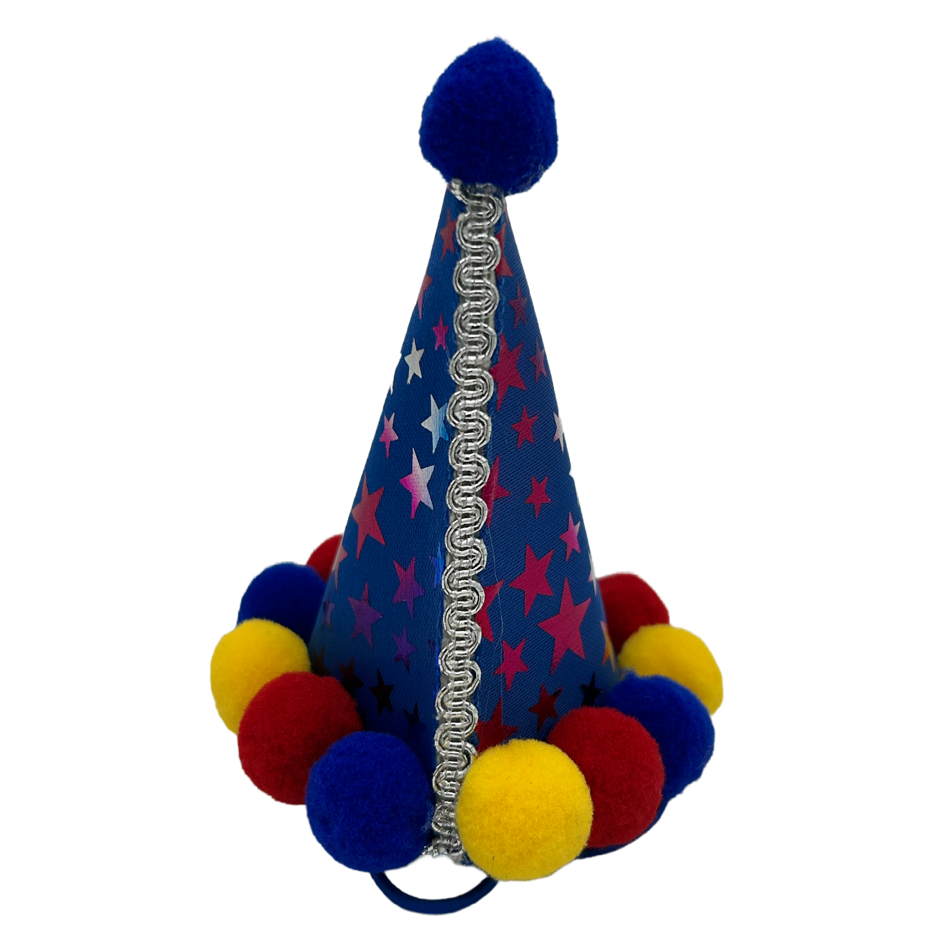 Colorful party hat with pom-poms on a white background