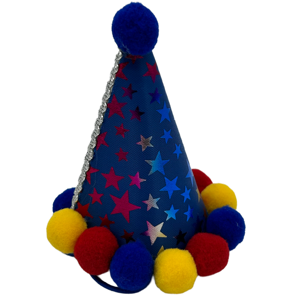 Colorful party hat with star pattern and pom-poms on a white background
