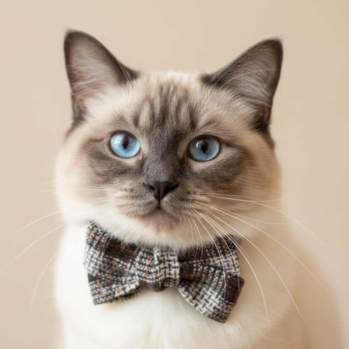 Cat wearing a bow tie against a beige background