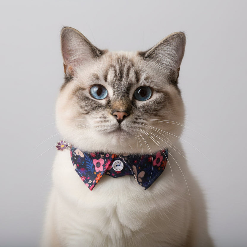 Floral patterned cat collar with a black buckle on a white background