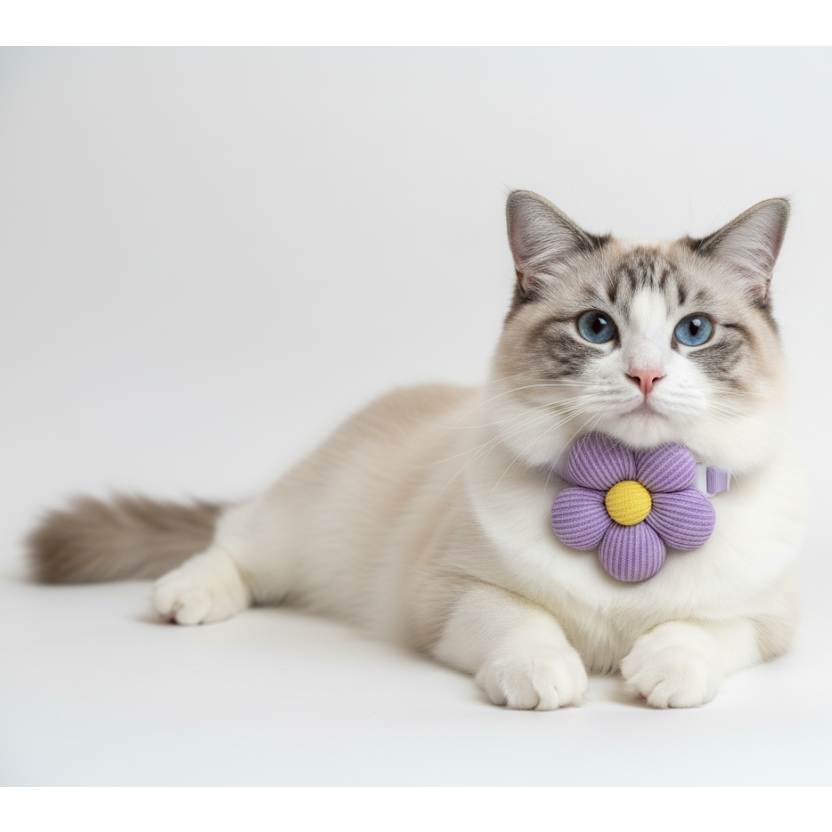 Cat wearing a purple flower-shaped collar on a white background