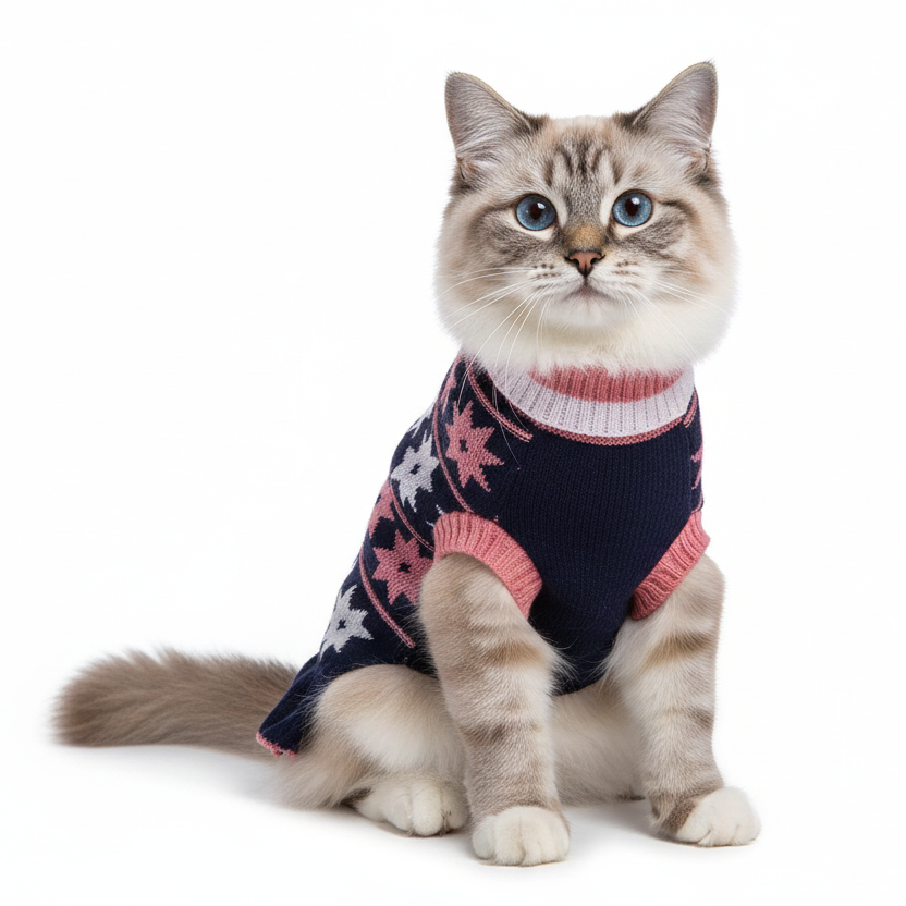 Cat wearing a sweater with a star pattern on a white background