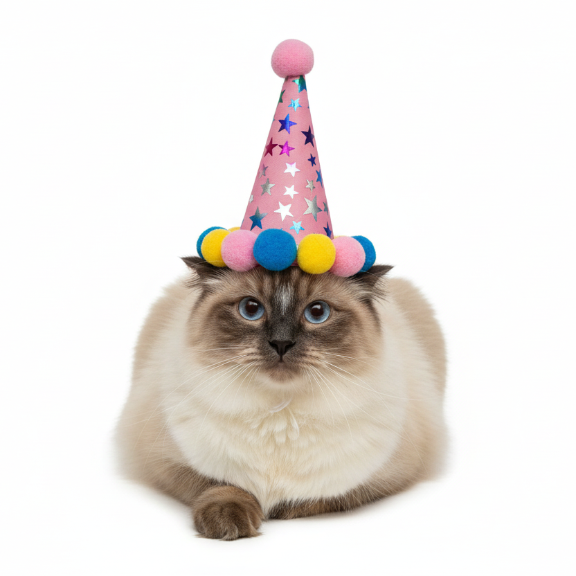 Pink party hat with colorful pom-poms on a white background