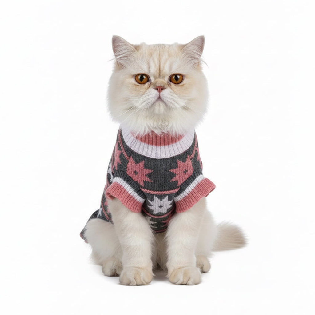 Gray cat sweater with pink and white star patterns on a white background
