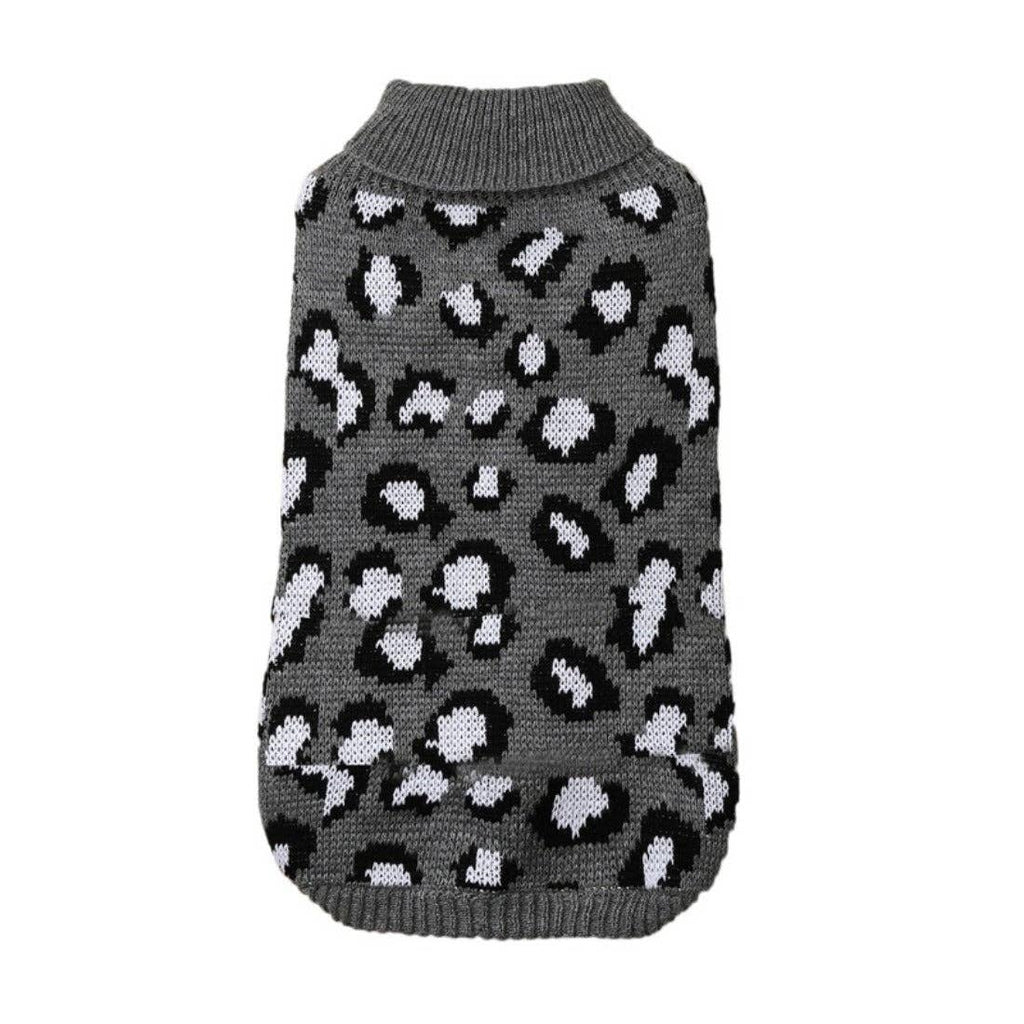 Gray cat sweater with leopard print pattern on a white background