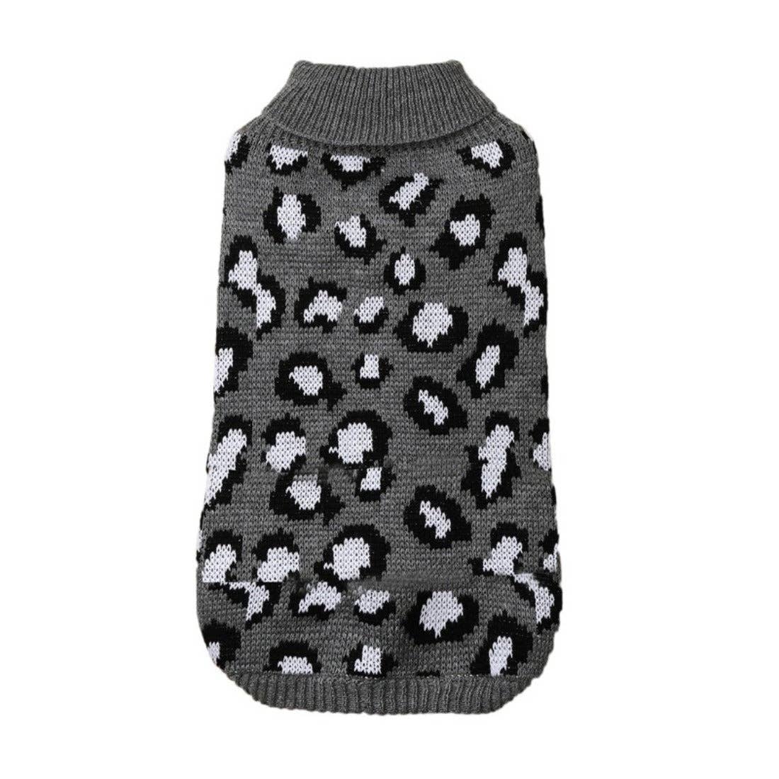 Gray cat sweater with leopard print pattern on a white background