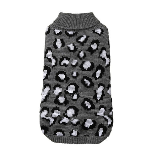 Gray cat sweater with leopard print pattern on a white background