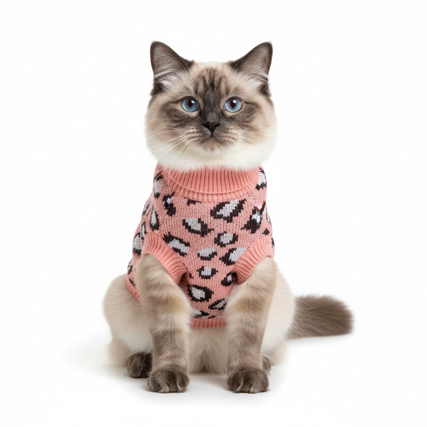 Pink cat sweater with leopard print pattern on a white background
