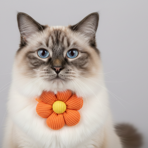 Cat wearing an orange flower-shaped collar on a gray background