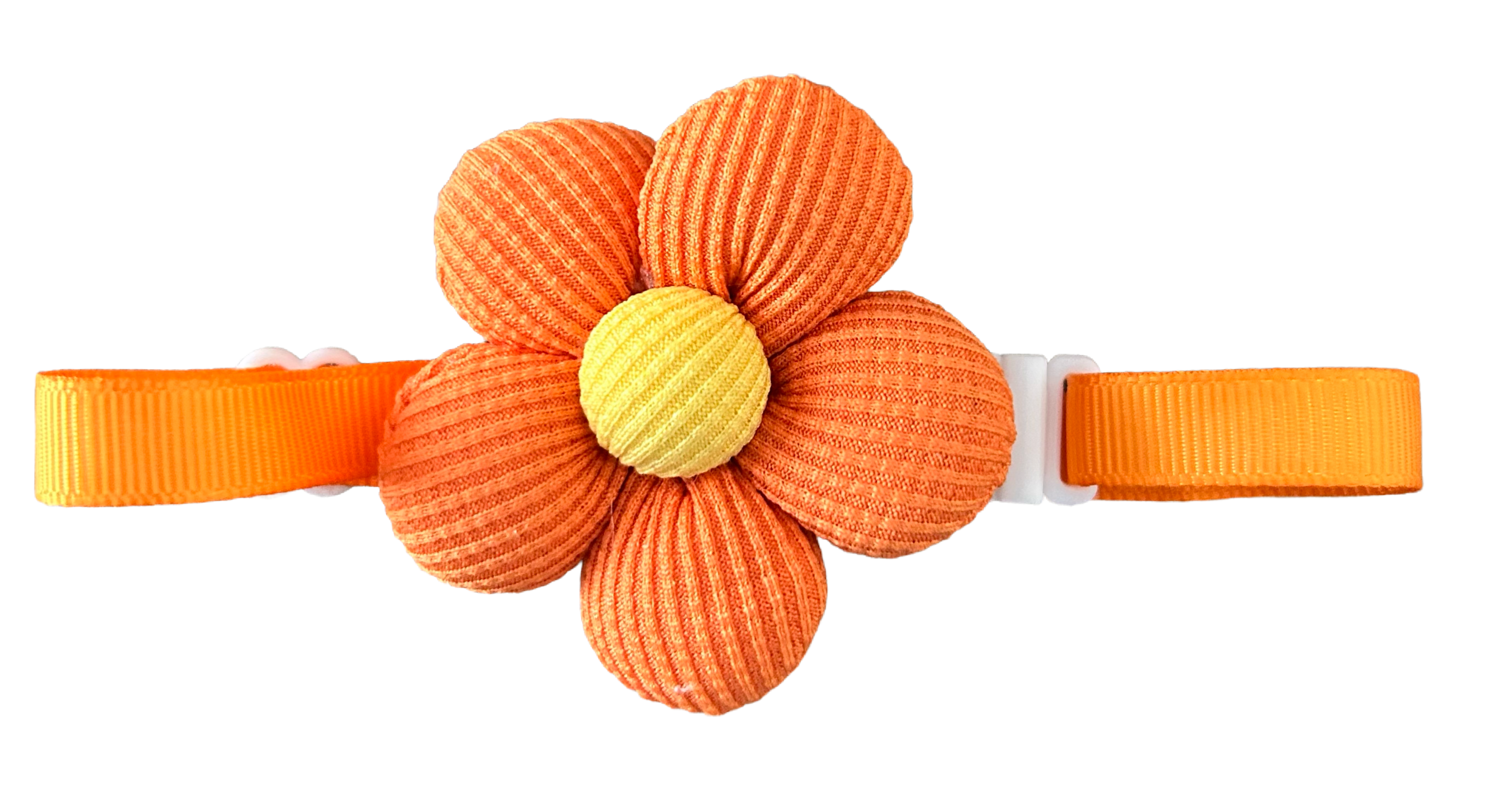 Orange flower-shaped cat collar with a yellow center on a white background