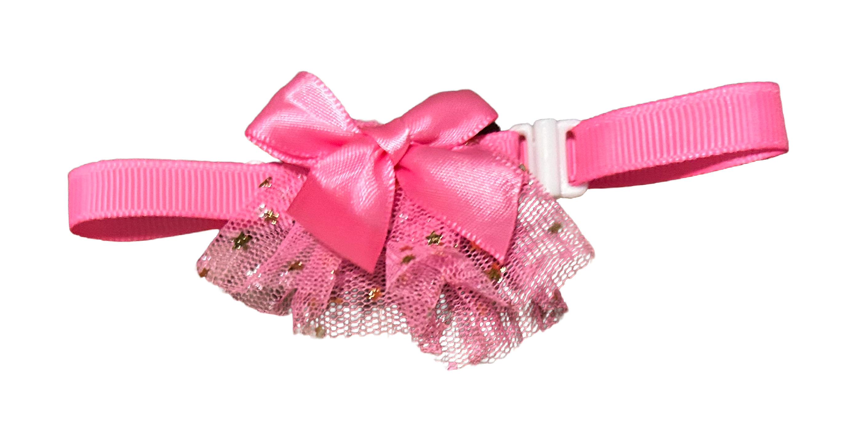 Pink cat collar with bow and tulle on a white background