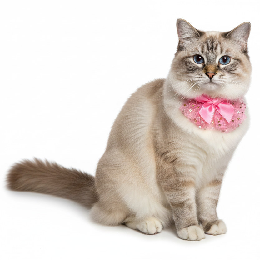 Cat wearing a pink polka dot bow tie on a white background