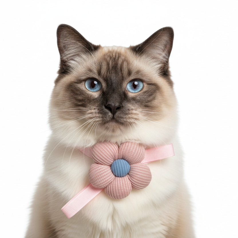 Cat wearing a pink flower-shaped collar on a white background