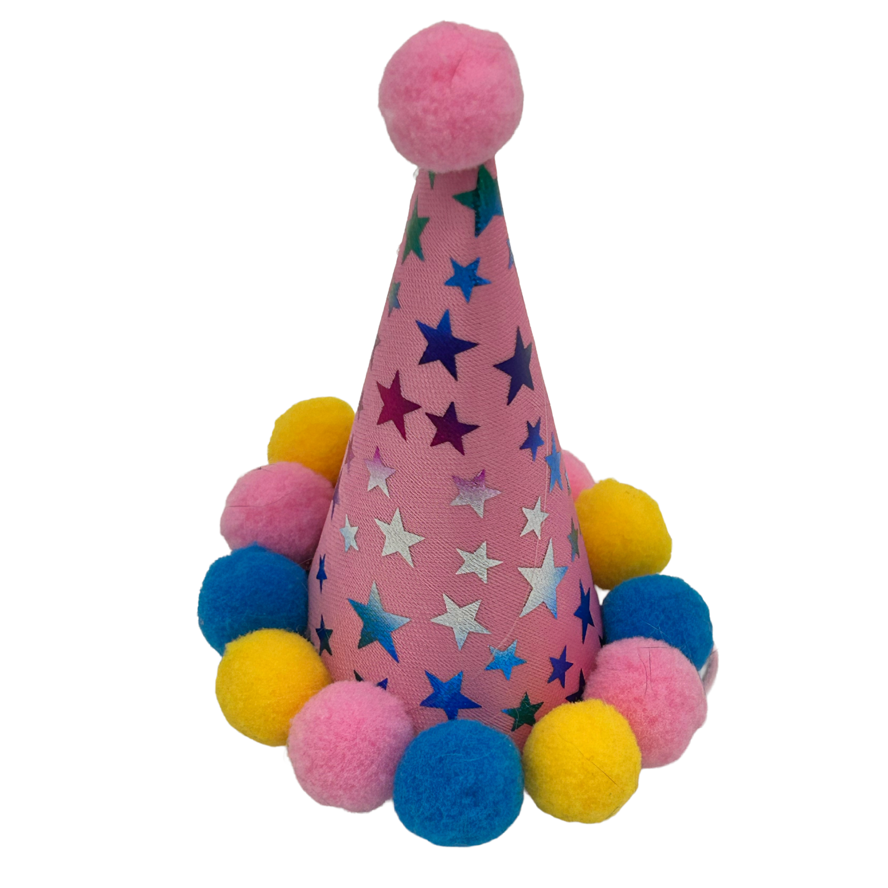 Pink party hat with colorful pom-poms on a white background