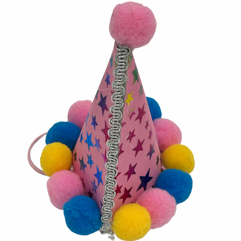 Colorful party hat with pom-poms on a white background