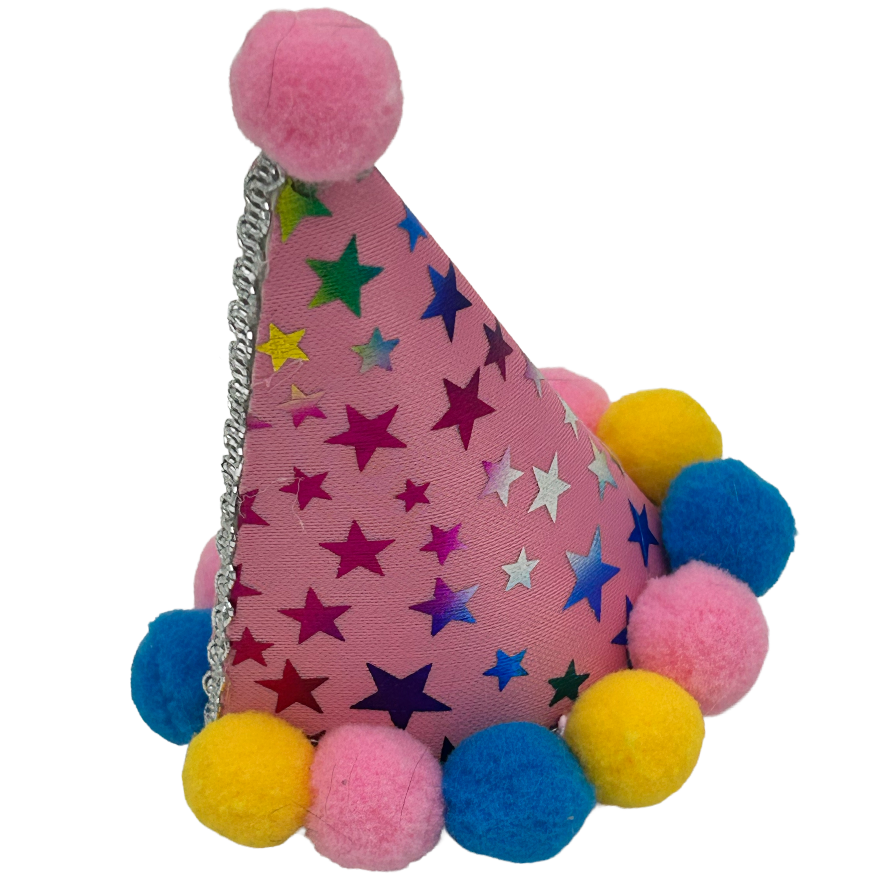 Pink party hat with colorful star patterns and pom-pom details on a white background