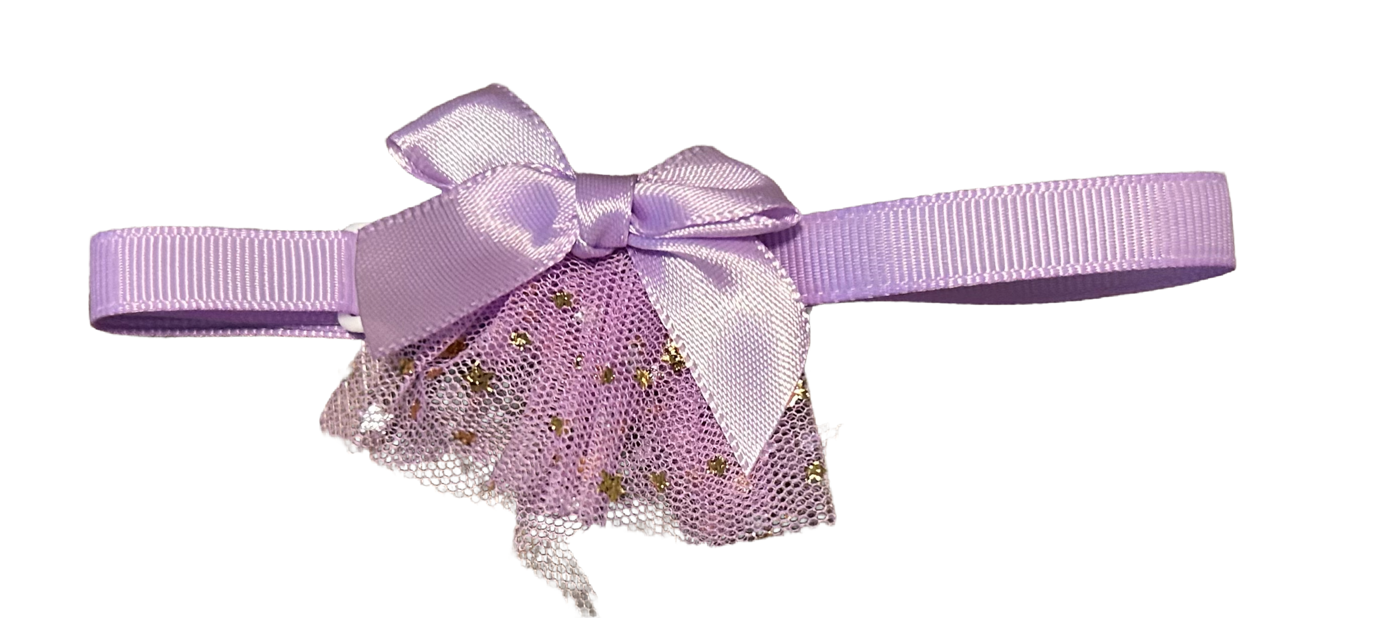 Purple ribbon with a cat bow and tulle on a white background