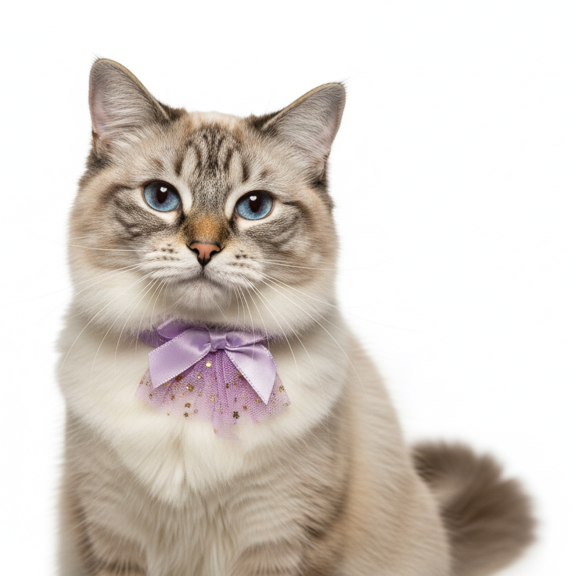 Cat wearing a purple bow tie on a white background