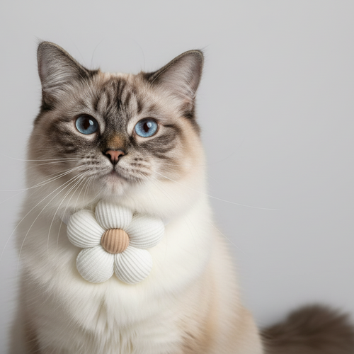 Cat wearing a white flower-shaped collar against a plain background