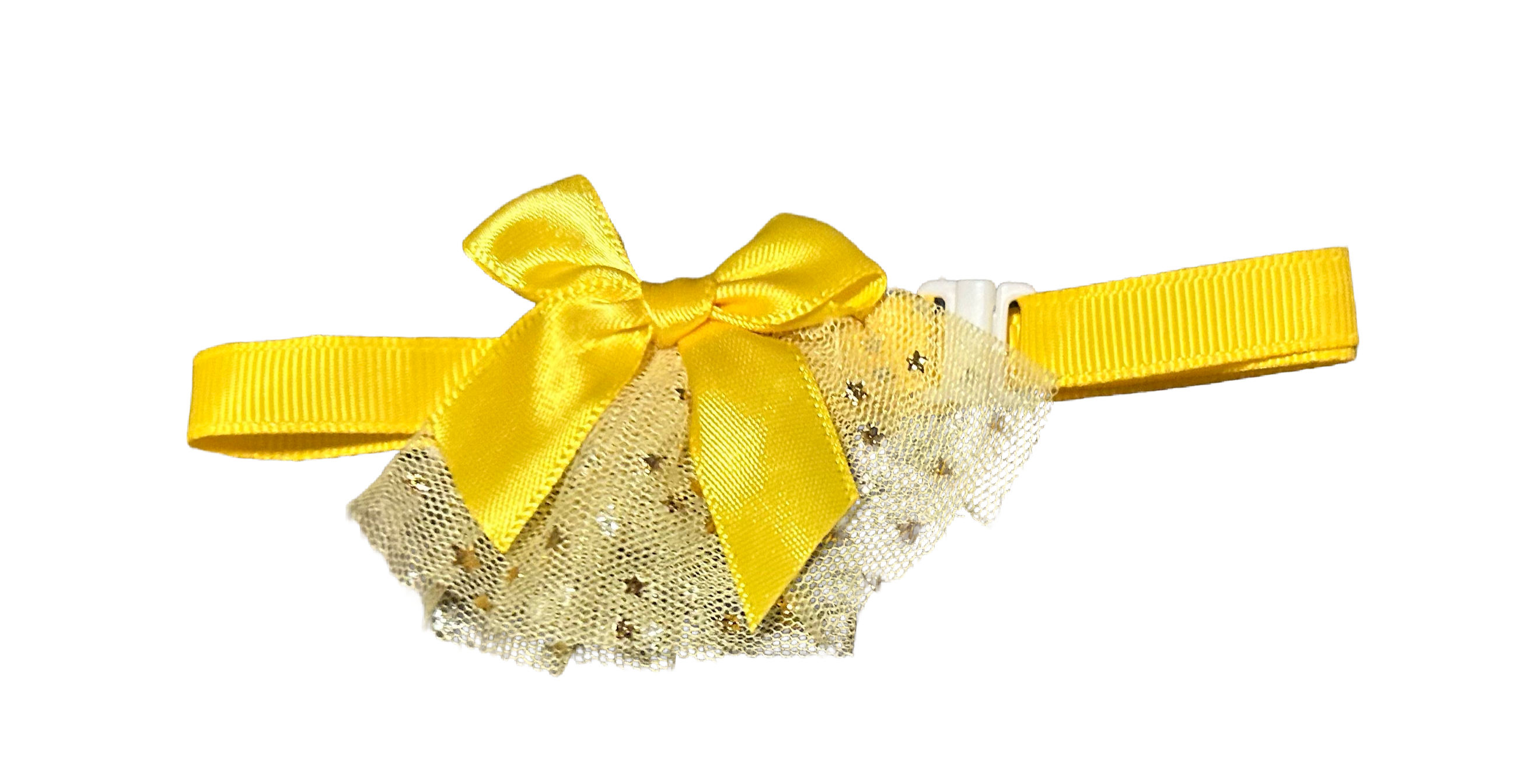 Yellow cat bow with lace details on a white background