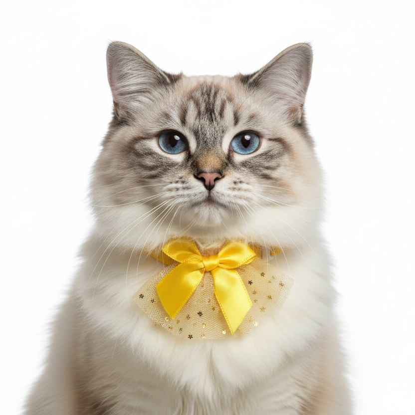 Cat wearing a yellow bow tie on a white background