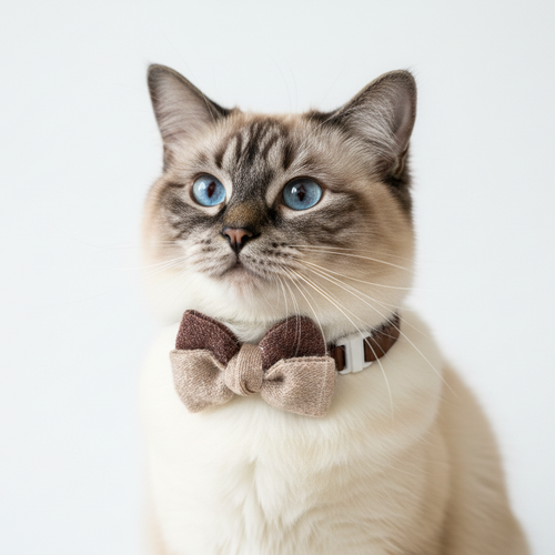 Cat wearing a bow tie on a white background