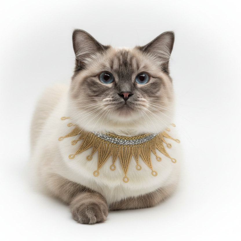 Cat wearing a decorative gold collar on a white background