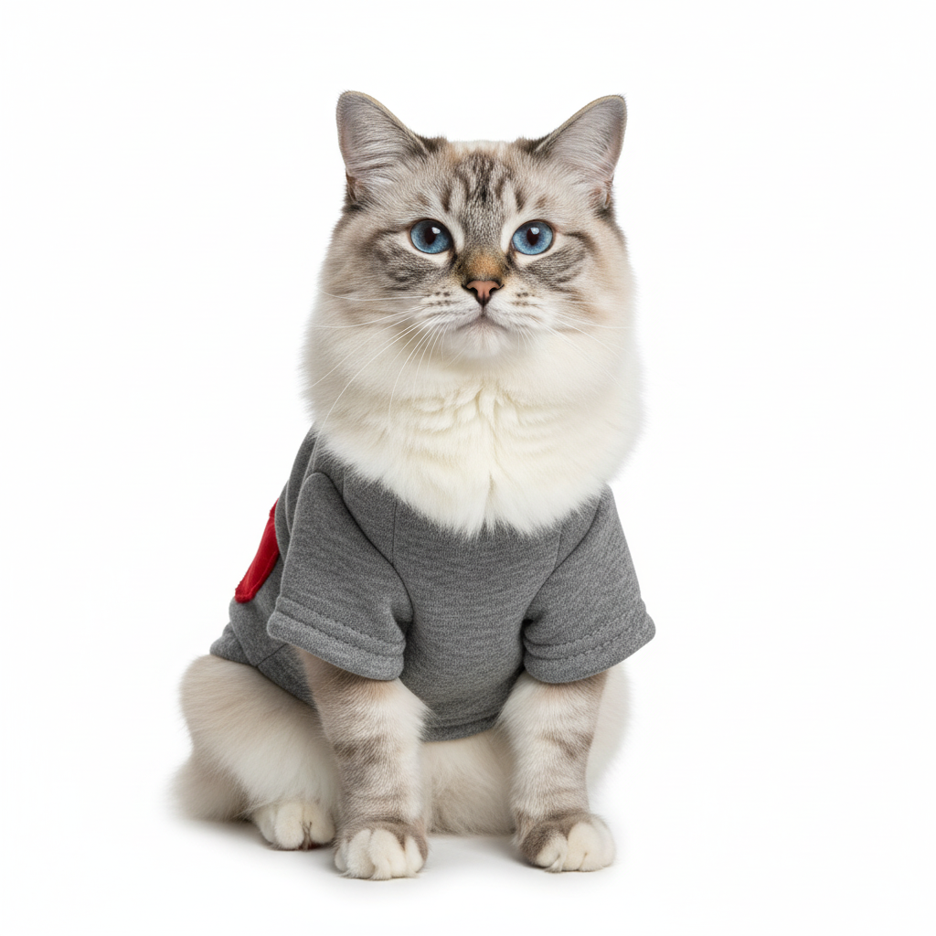 Cat wearing a gray sweater with a red heart patch on a white background
