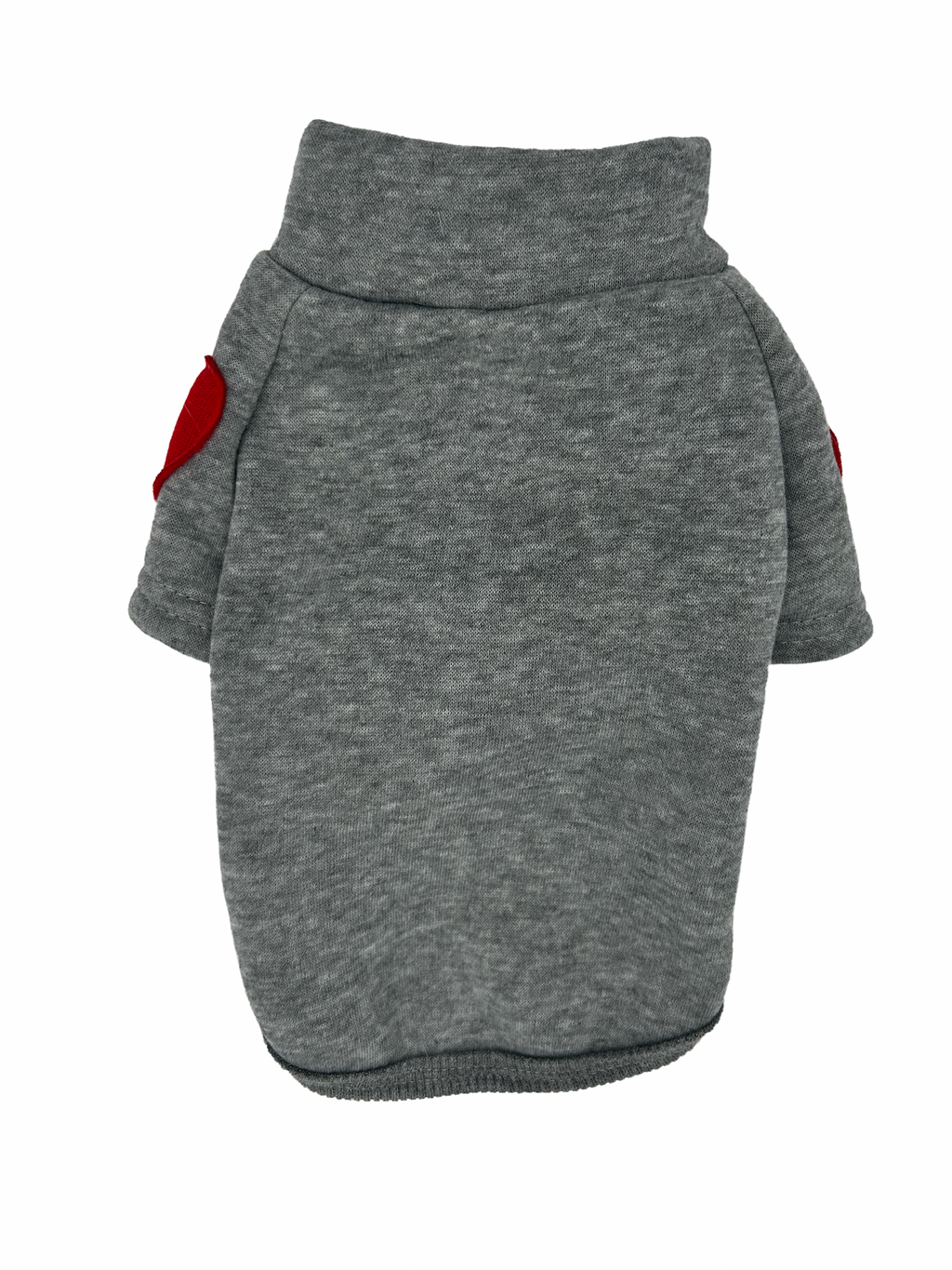 Gray cat sweatshirt with red patches on a white background